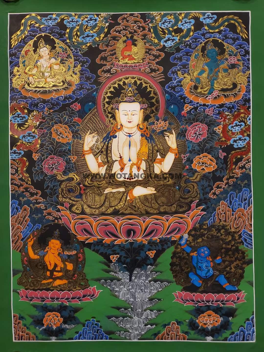 编号153-793752：彩绘唐卡-四臂观音·三怙主（75*55CM左右）