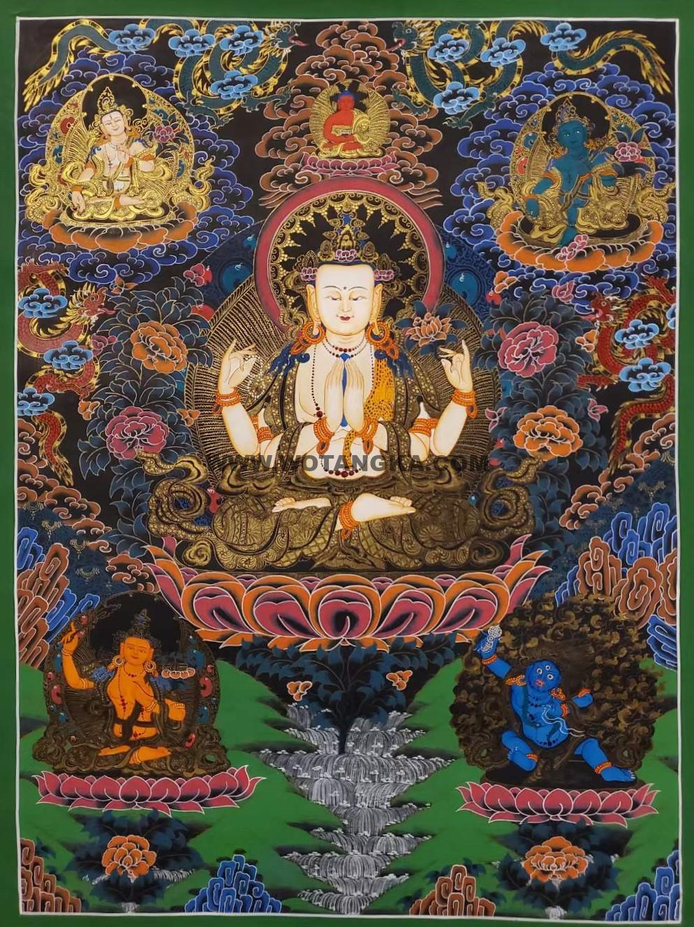 编号171-573285：彩绘唐卡-四臂观音·三怙主（90*60CM左右）
