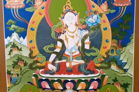 编号171-211557：彩绘唐卡-白度母·长寿三尊（70*50CM左右）
