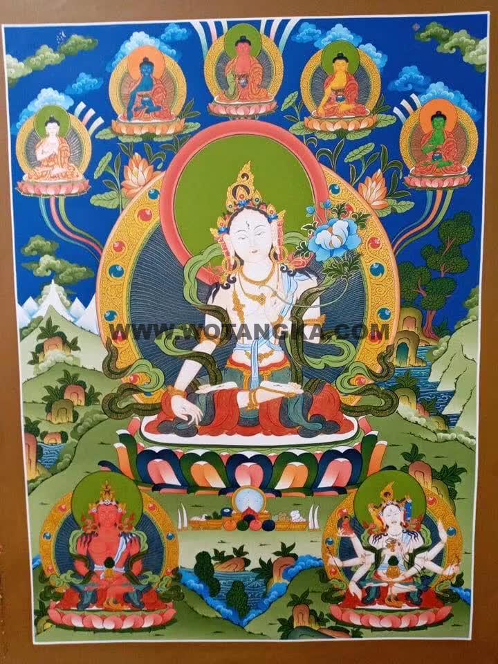 编号171-211557：彩绘唐卡-白度母·长寿三尊（70*50CM左右）