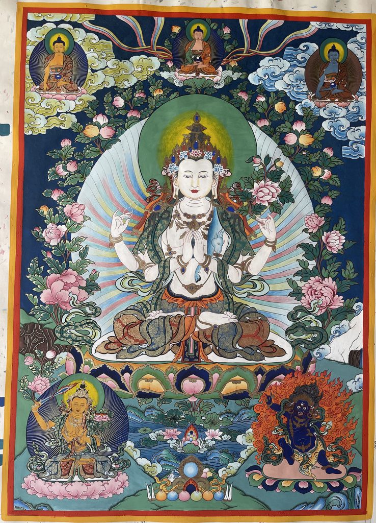 热贡-维玛扎西：彩绘唐卡-四臂观音·三怙主（80*60CM左右）