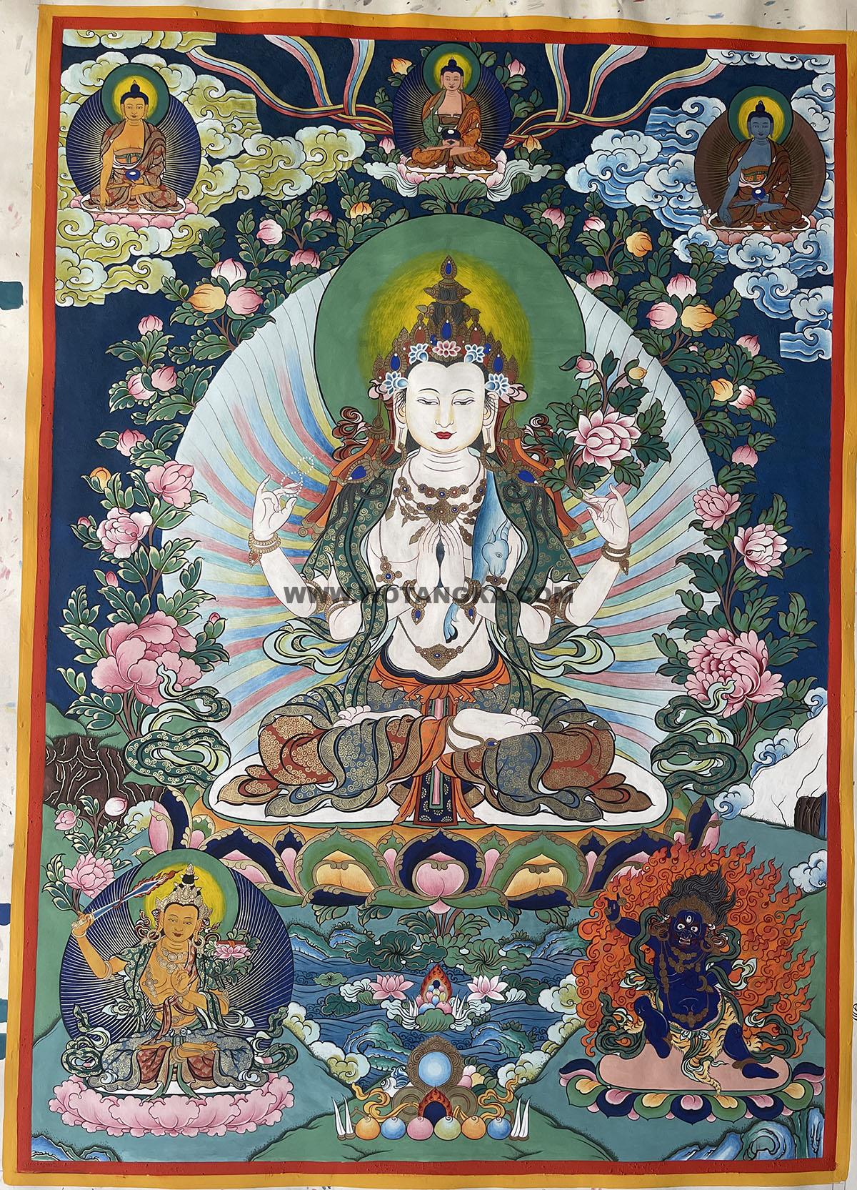 编号188-375986:彩绘唐卡-四臂观音·三怙主(80*60CM左右)