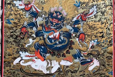 编号188-657706：黑金唐卡-六臂玛哈嘎拉（100*70CM左右）