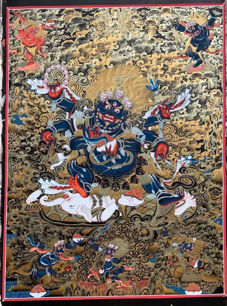 热贡-扎巴：黑金唐卡-六臂玛哈嘎拉（100*70CM左右）
