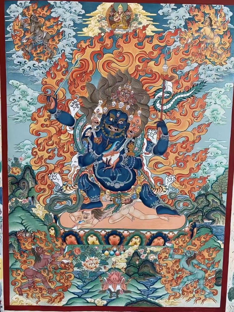 热贡-扎巴：彩绘唐卡-三面四臂金刚手菩萨（90*60CM左右）