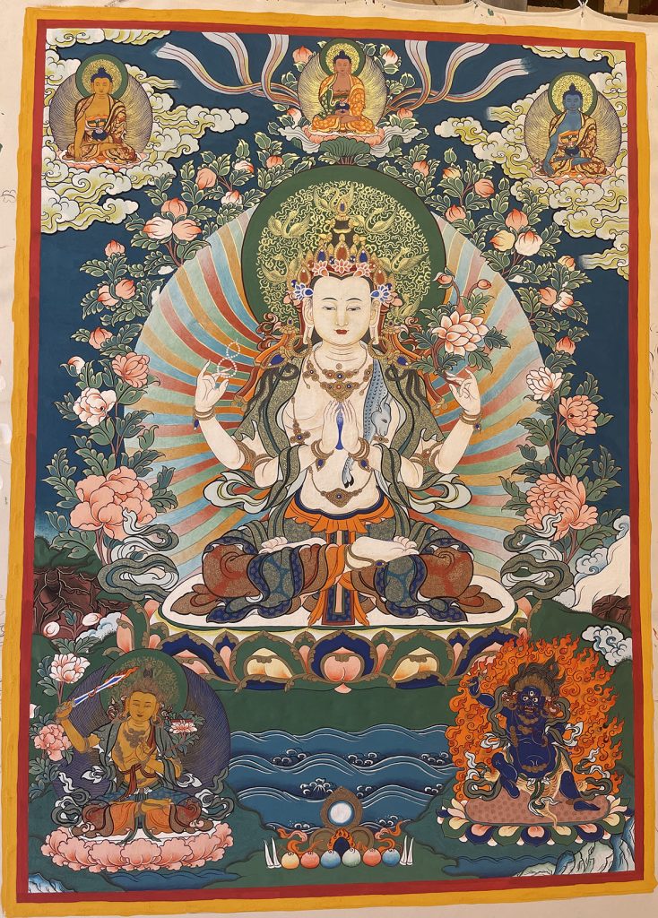 热贡-维玛扎西：彩绘唐卡-四臂观音·三怙主（80*60CM左右）