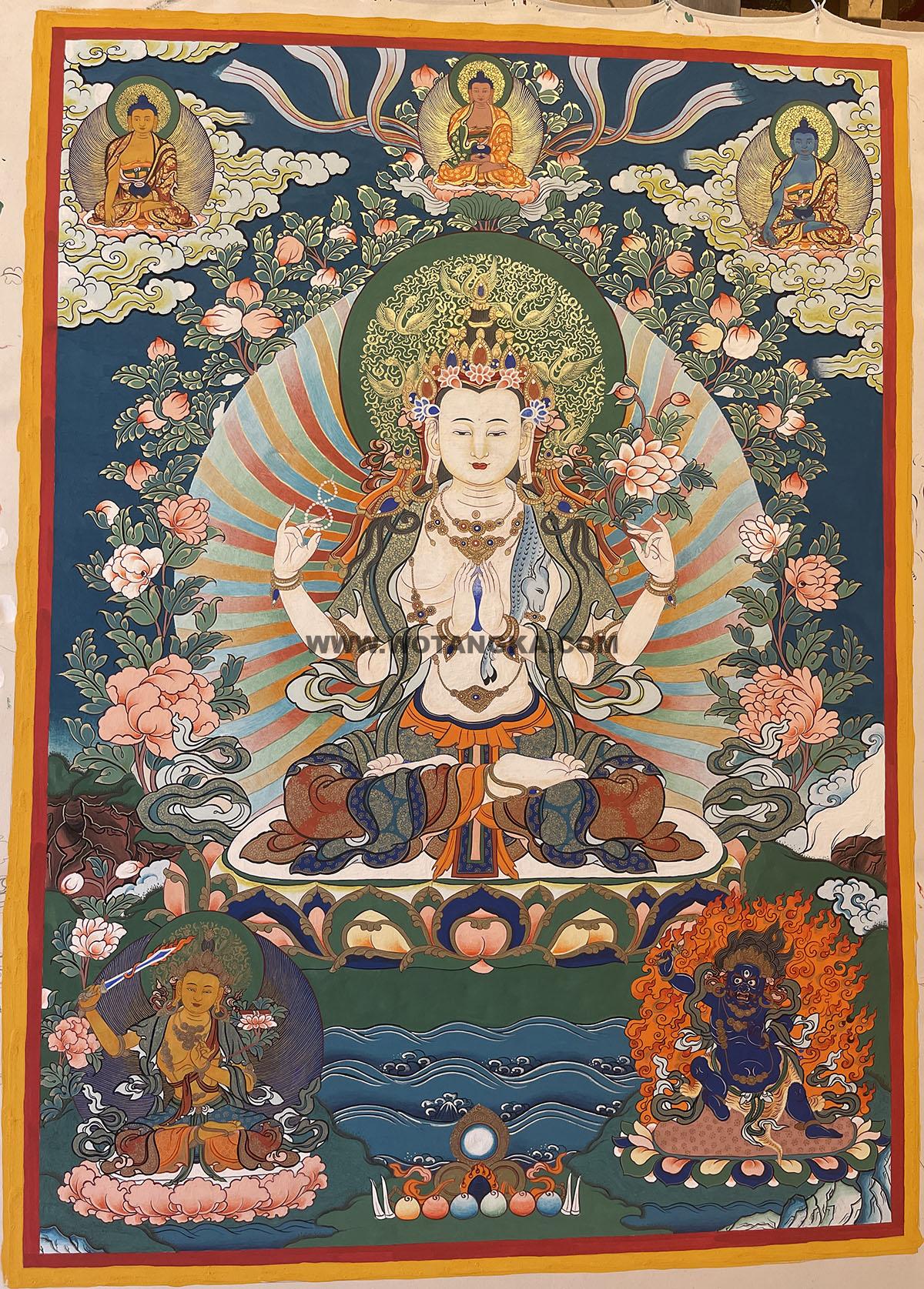 热贡-维玛扎西:彩绘唐卡-四臂观音·三怙主(80*60CM左右)