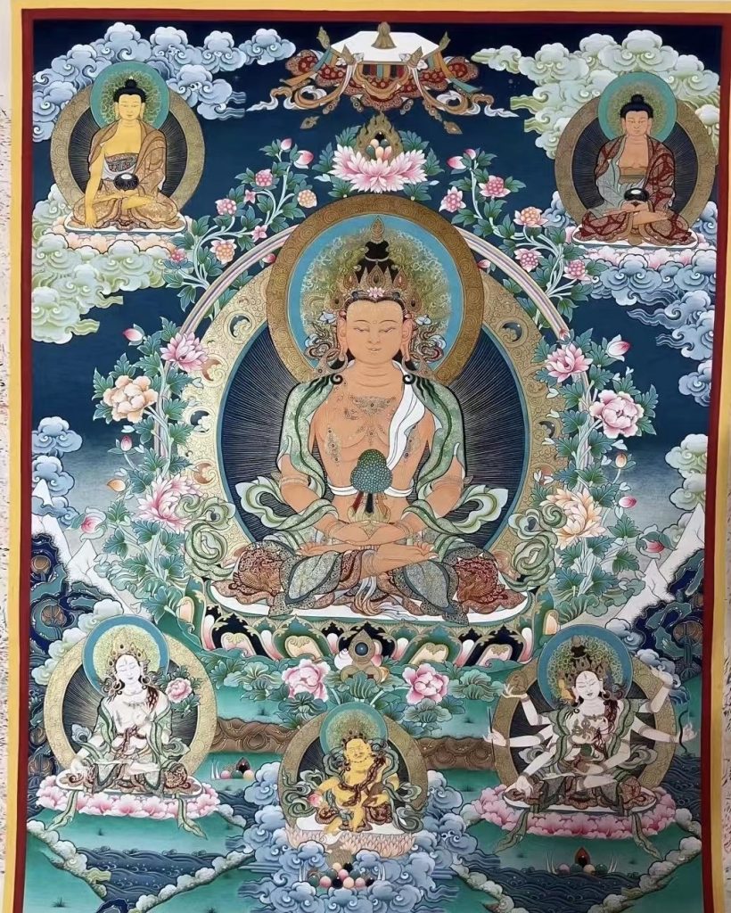 热贡-角巴加：彩绘唐卡-长寿佛·长寿三尊（80*60CM左右）