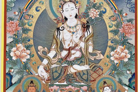 编号188-775899：彩绘唐卡-白度母·长寿三尊（85*60CM左右）