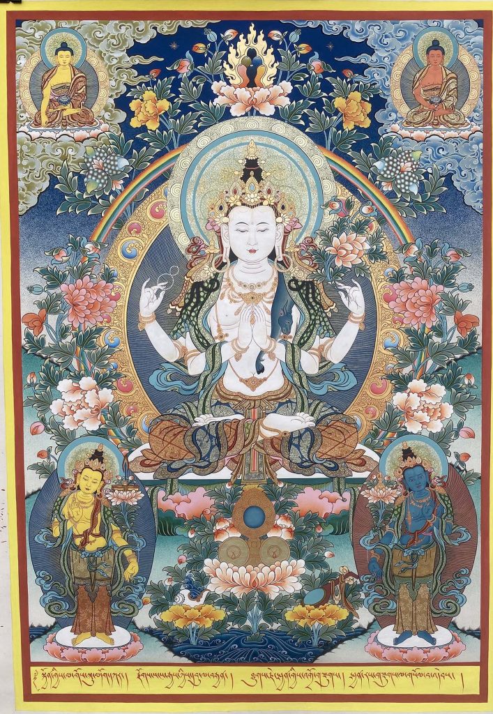 热贡-角巴加：彩绘唐卡-四臂观音·三怙主（85*60CM左右）