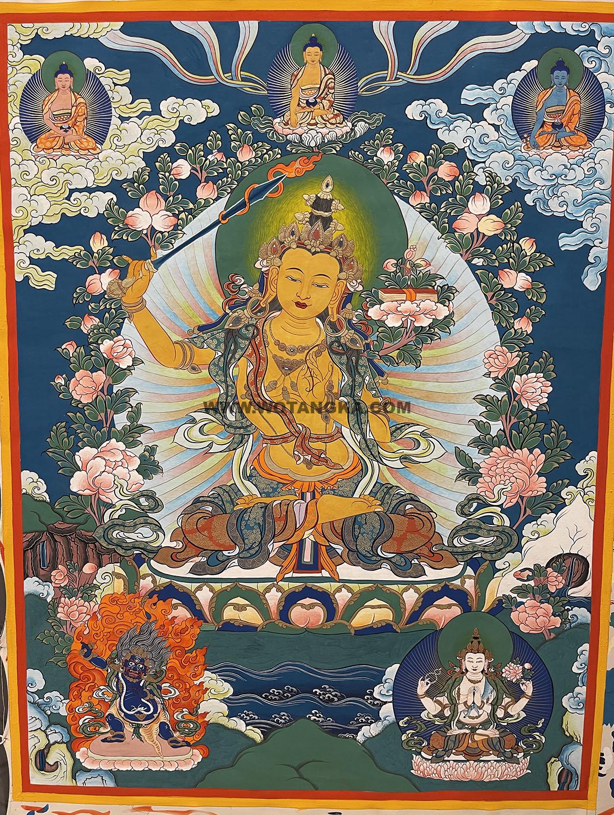 热贡-维玛扎西：彩绘唐卡-文殊菩萨·三怙主（80*60CM左右）