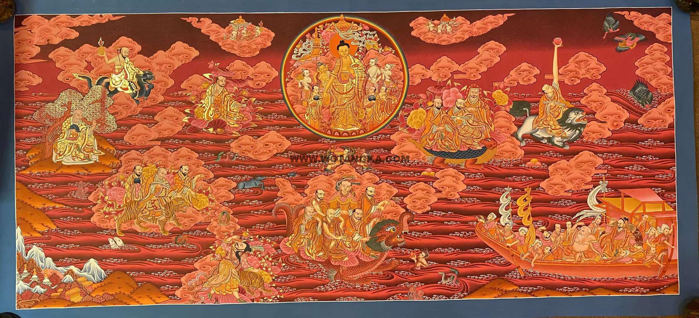编号153-548760:红金唐卡-释迦牟尼佛·十八罗汉(60*180CM左右)