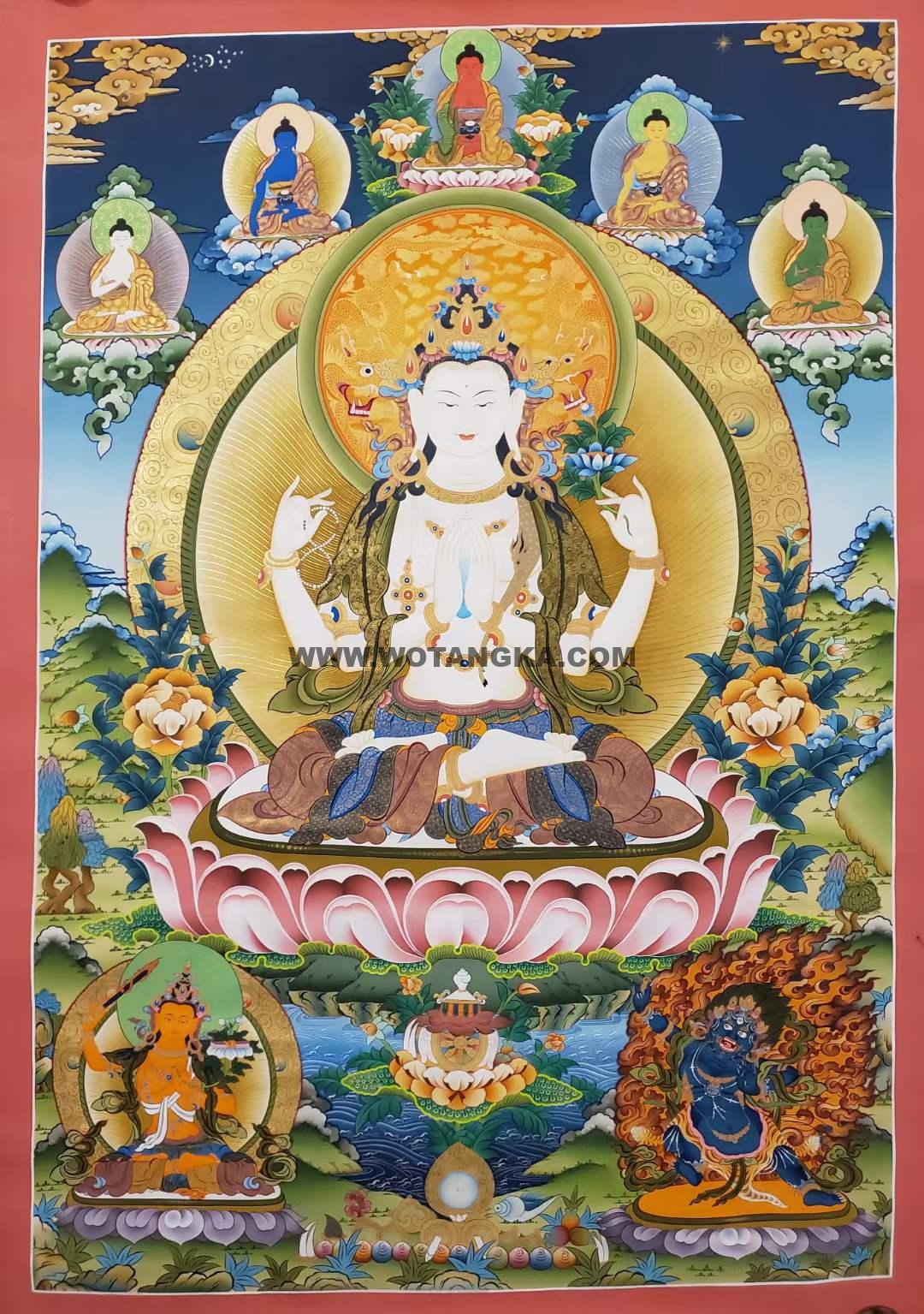 编号153-529059：彩绘唐卡-四臂观音·三怙主（150*100CM左右）