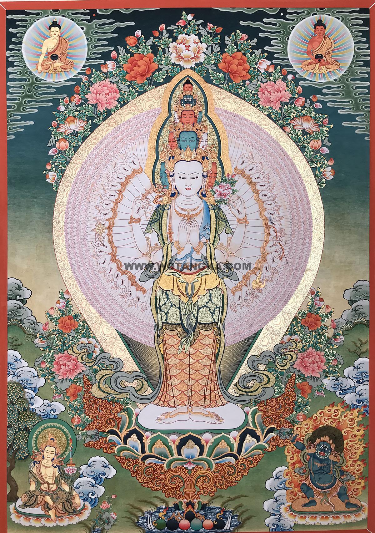 热贡-索南东知:彩绘唐卡-千手观音·三怙主(80*60CM左右)