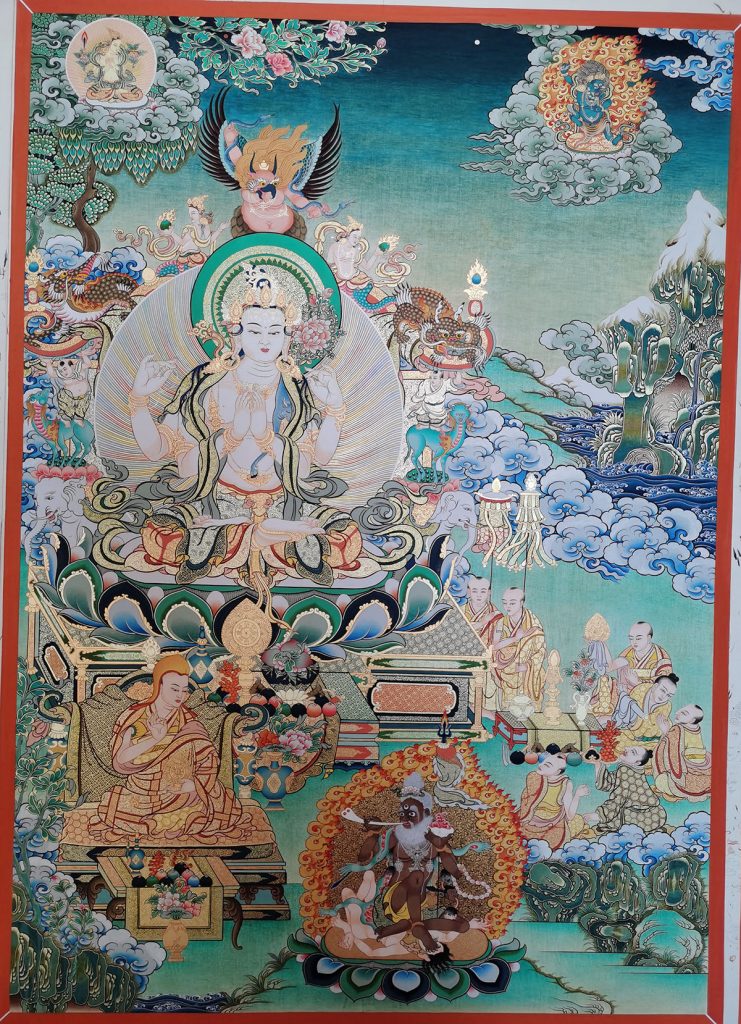 热贡-索南东知：彩绘唐卡-四臂观音·三怙主（80*60CM左右）
