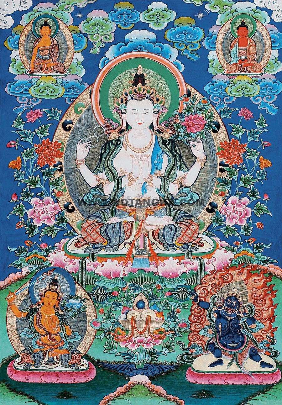 沃唐卡编号AC17145：四臂观音·三怙主