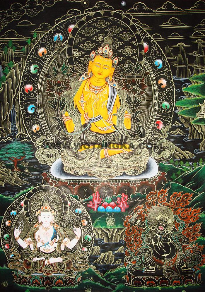 沃唐卡编号AC31801：事部三怙主(Trinity: Manjushri,Avalokiteshvara and Vajrapani)
