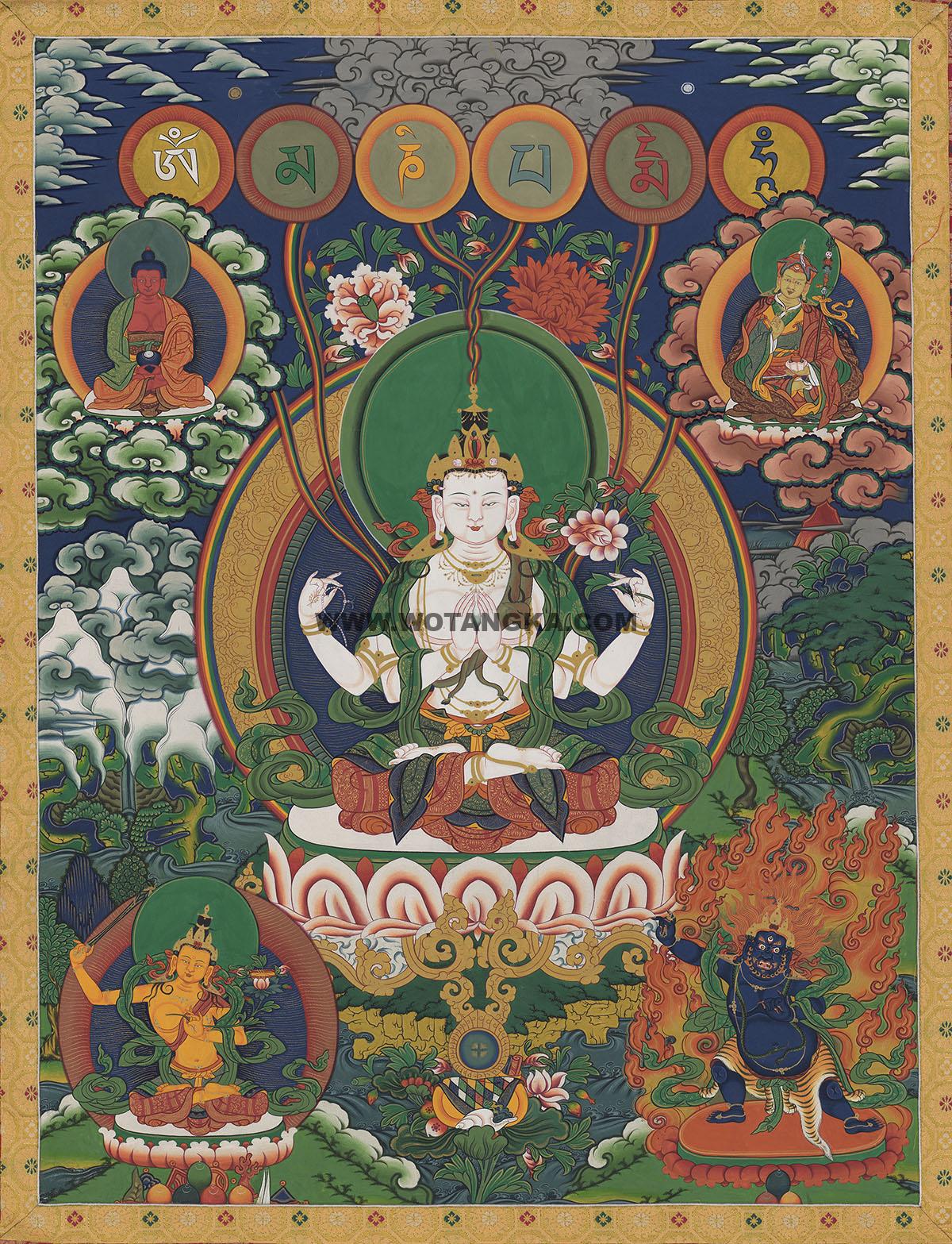 沃唐卡编号AC62347：四臂观音·三怙主