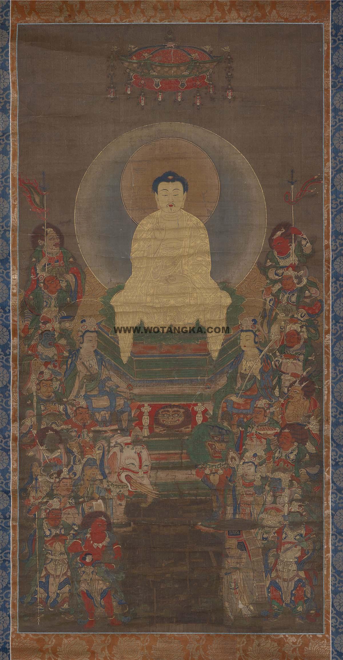 沃唐卡编号AC64350：释迦·十六善神像