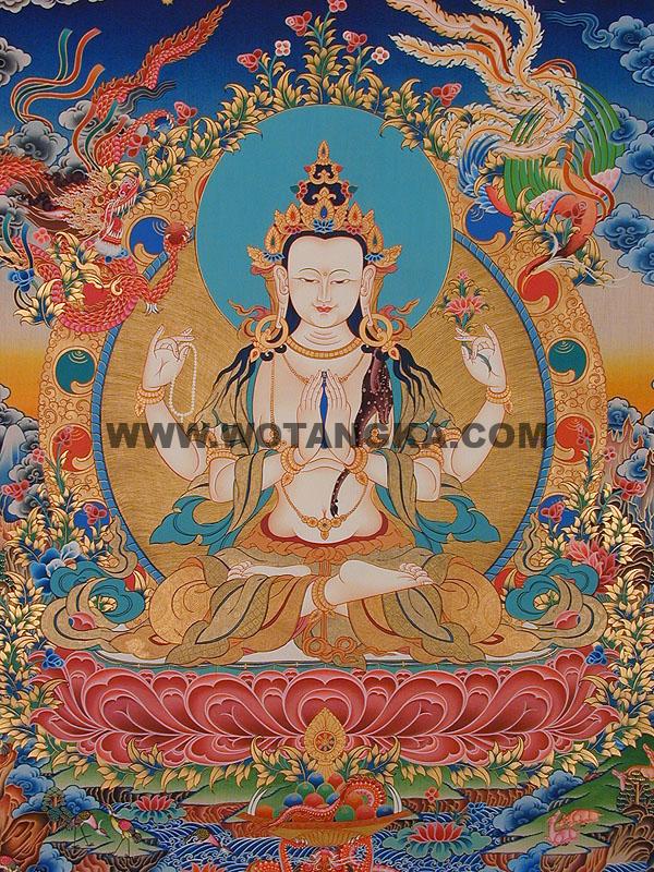 沃唐卡编号AC91198：四臂观音(4 hands Avalokiteshvara)