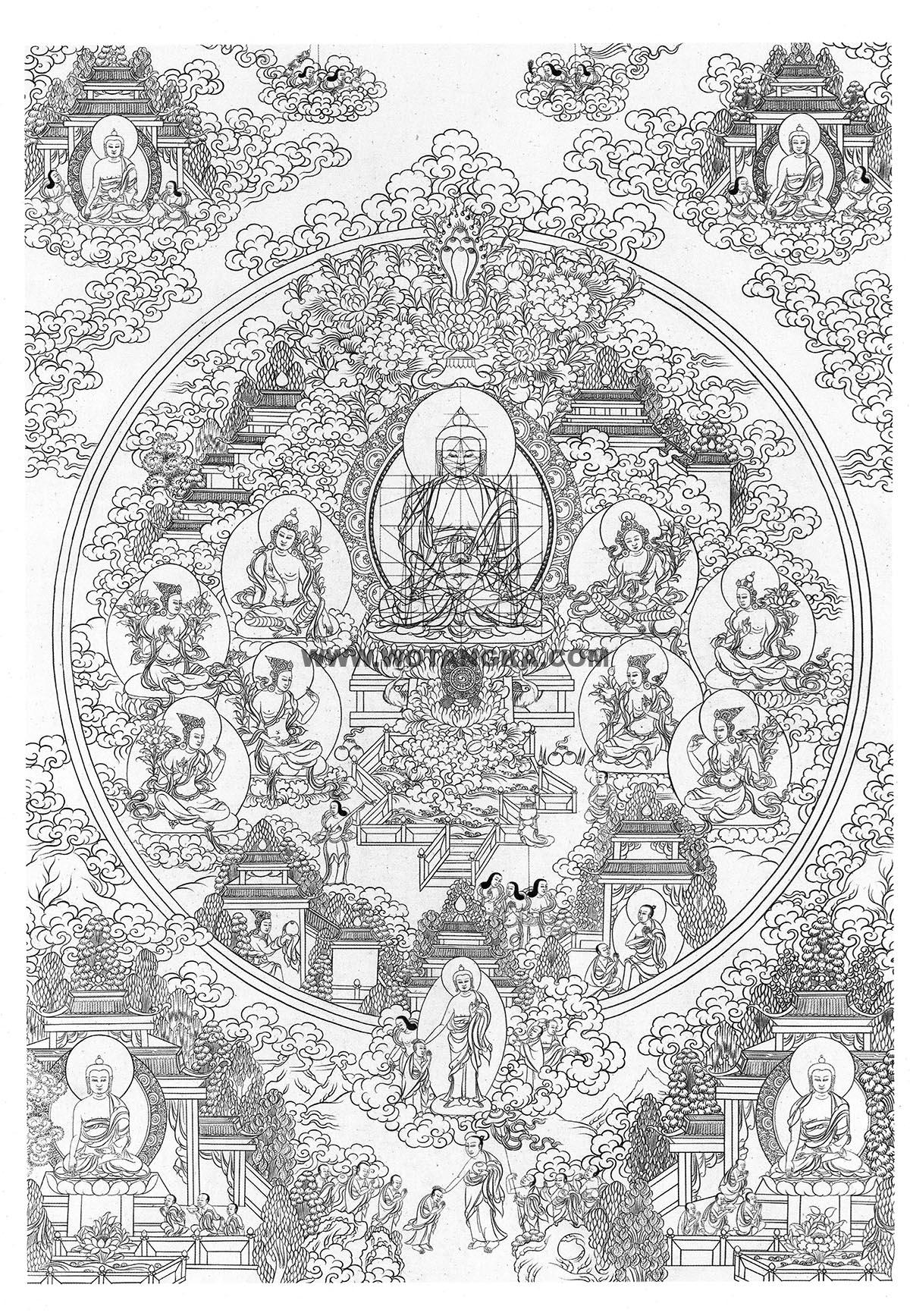 沃唐卡-唐卡白描线稿编号RD14916：阿弥陀佛·极乐世界