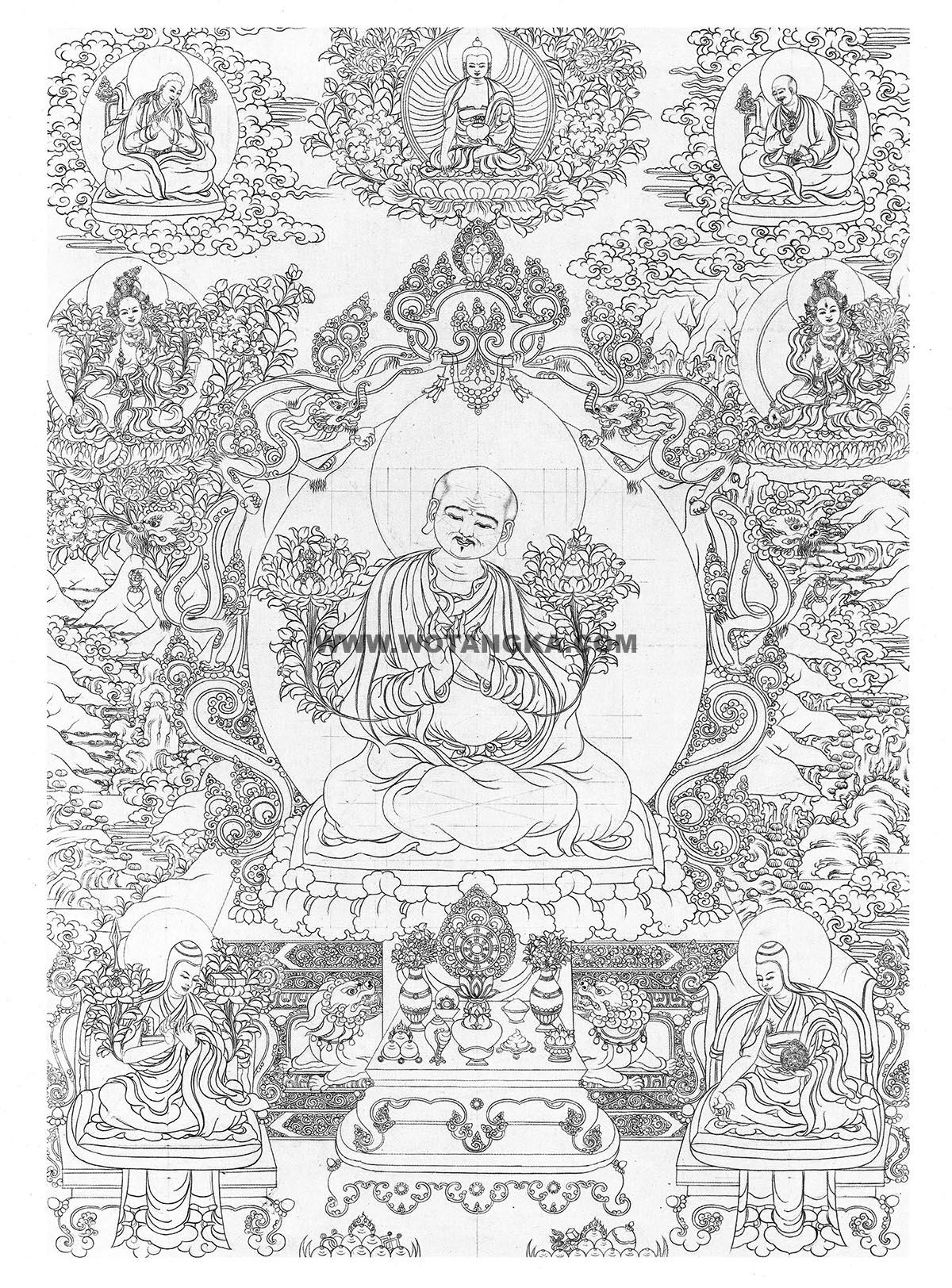 沃唐卡-唐卡白描线稿编号RD20770：大慈法王·释迦益西