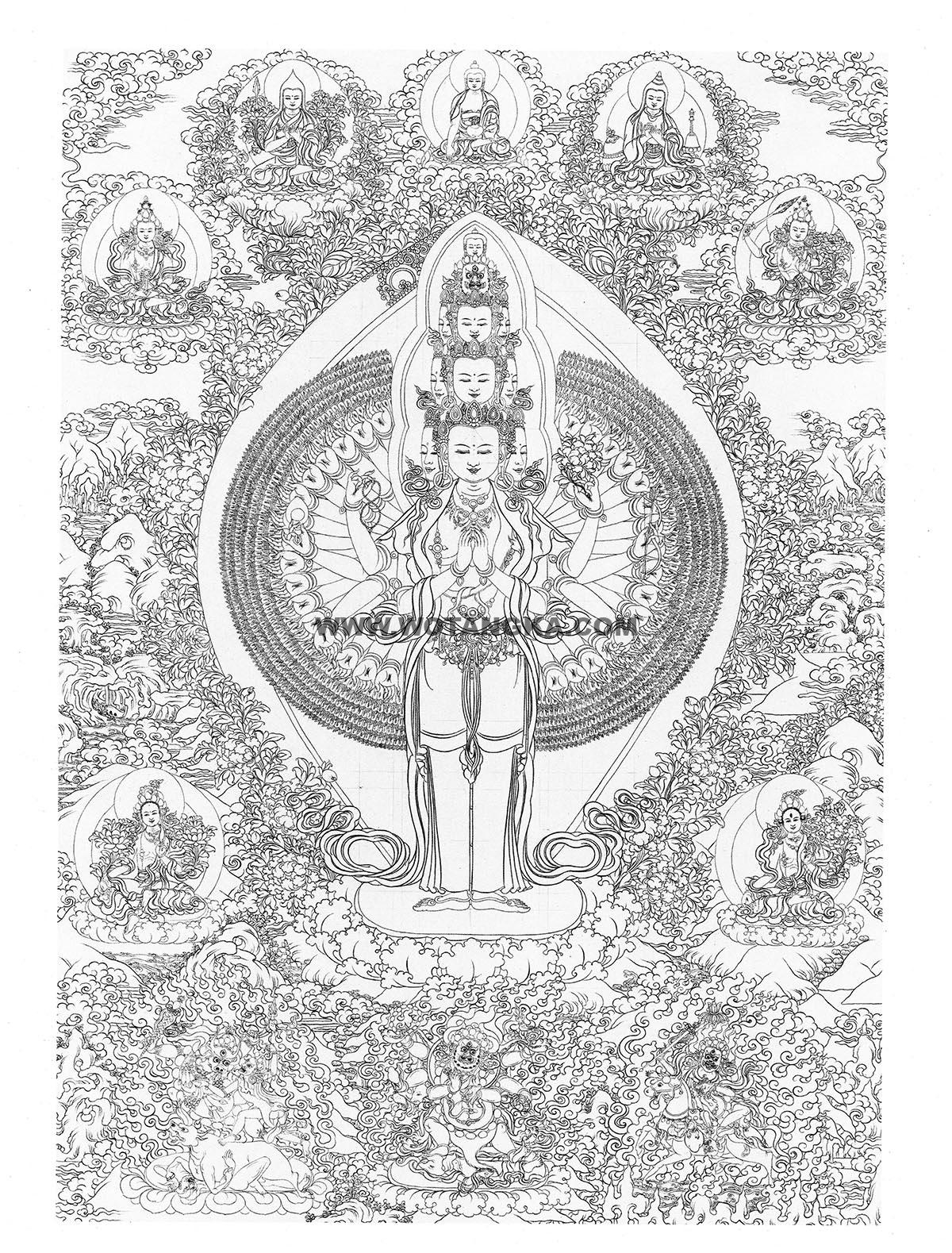 沃唐卡-唐卡白描线稿编号RD27814:千手观音