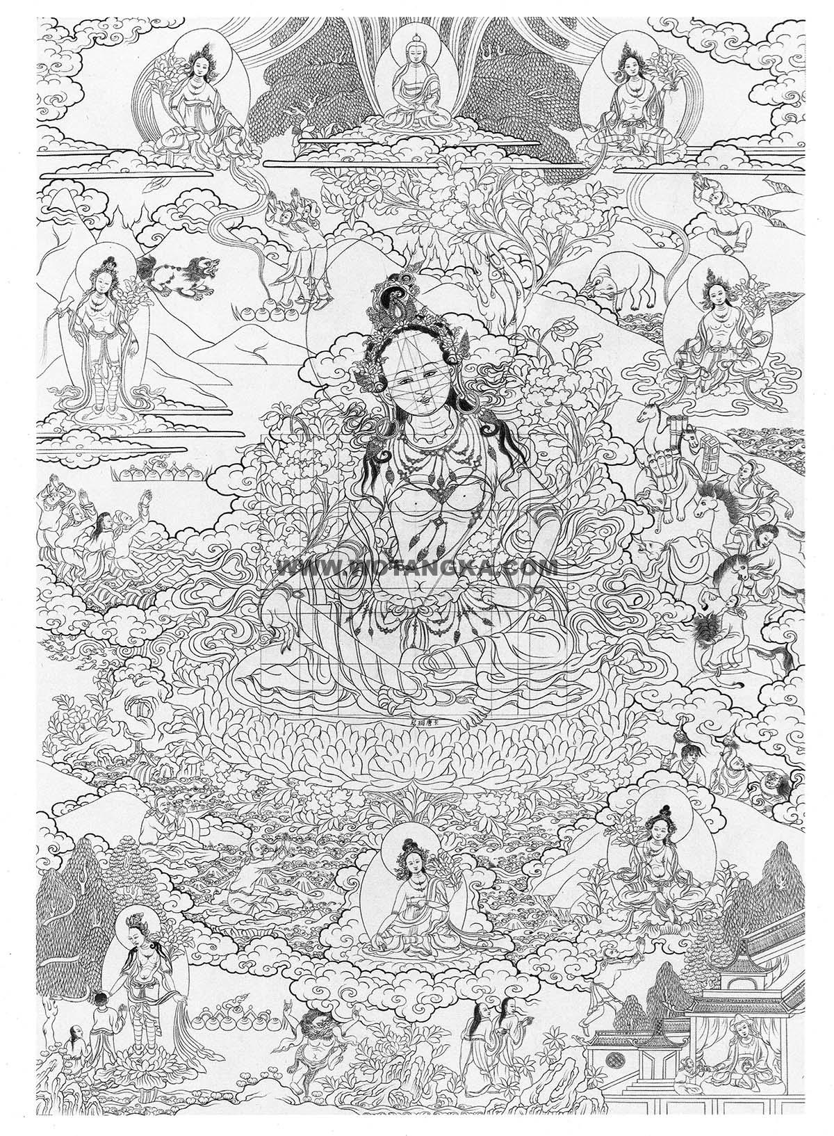 沃唐卡-唐卡白描线稿编号RD28583：绿度母