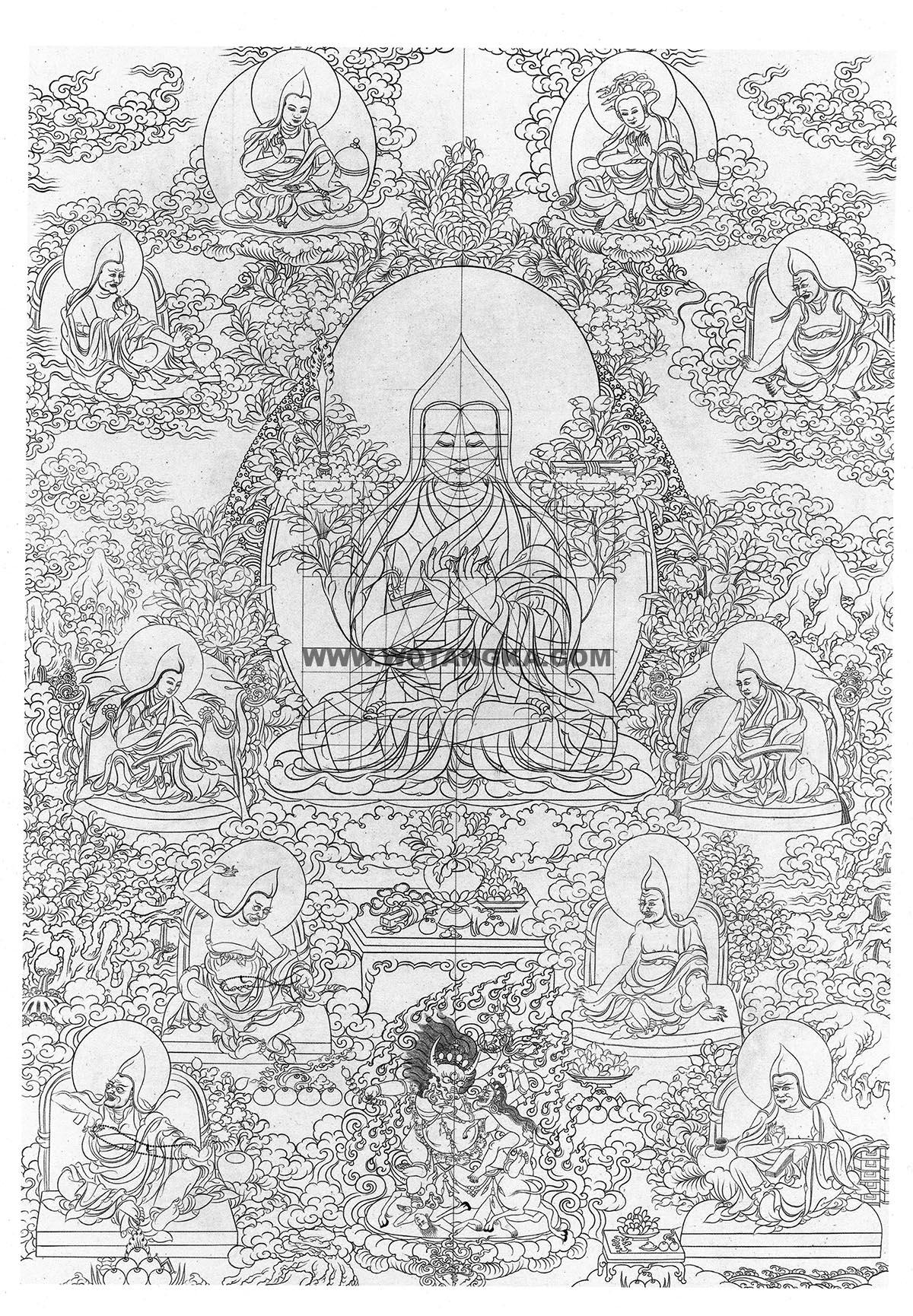 沃唐卡-唐卡白描线稿编号RD37920：宗喀巴