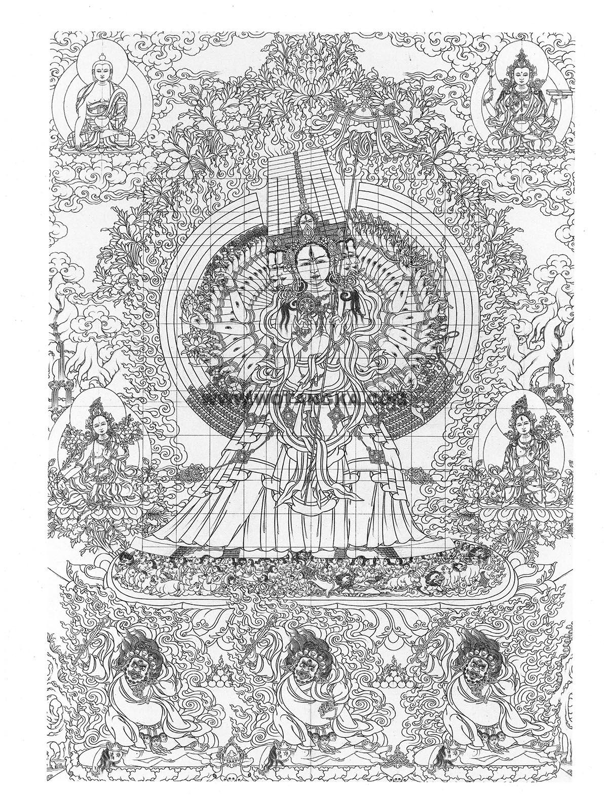 沃唐卡-唐卡白描线稿编号RD38035:大白伞盖佛母