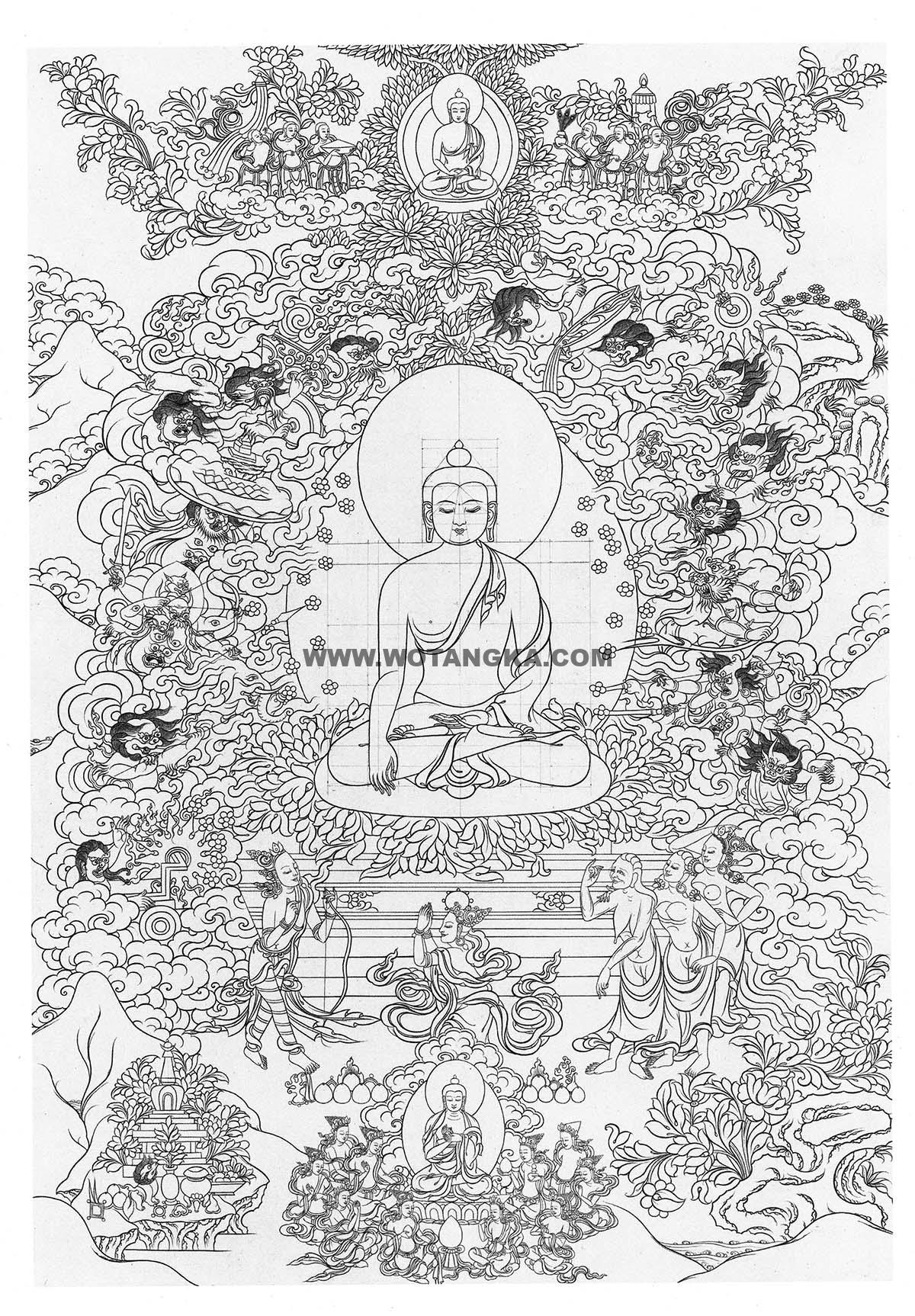 沃唐卡-唐卡白描线稿编号RD38860：释迦牟尼佛·降伏外道