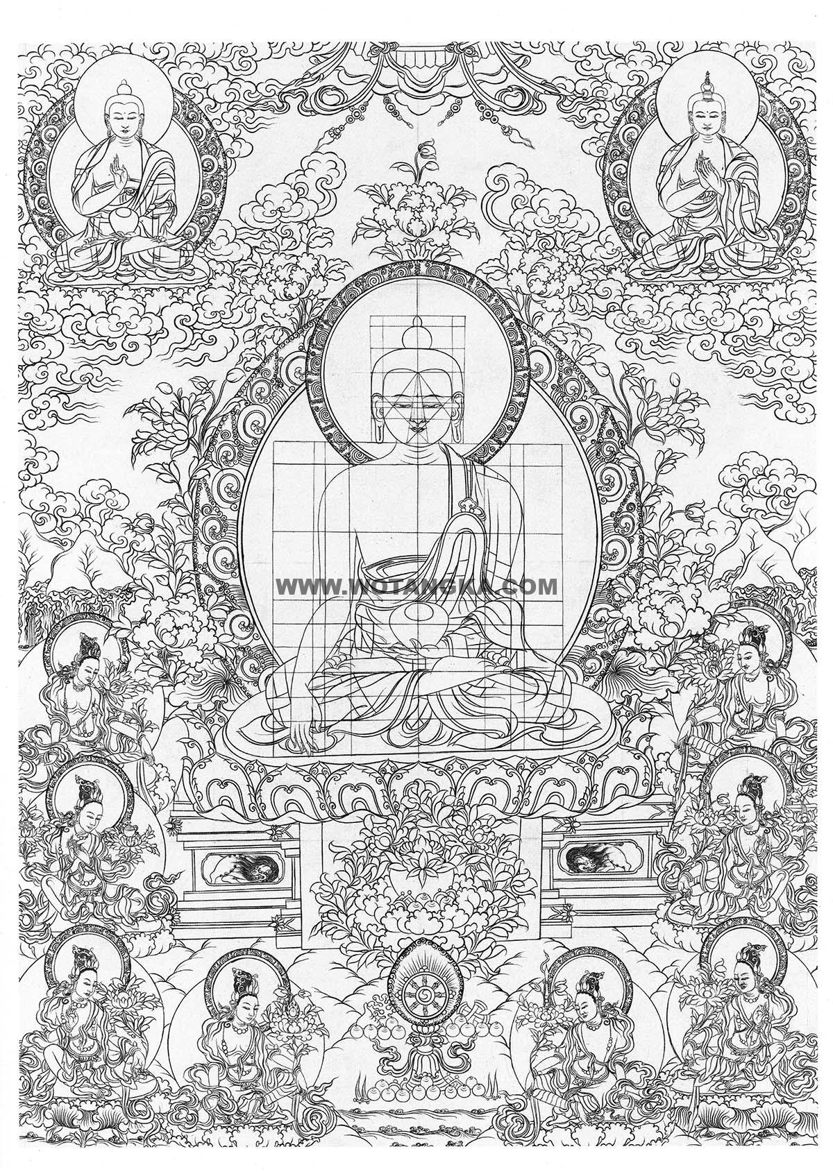 沃唐卡-唐卡白描线稿编号RD41034：释迦牟尼佛