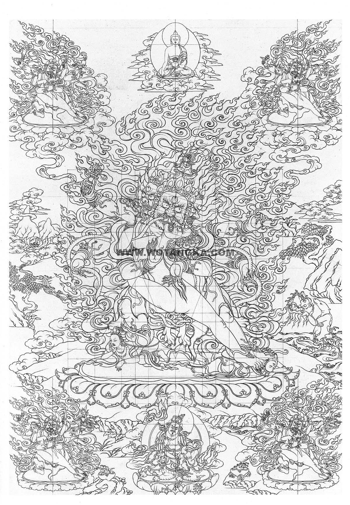 沃唐卡-唐卡白描线稿编号RD42223:降服金刚手菩萨