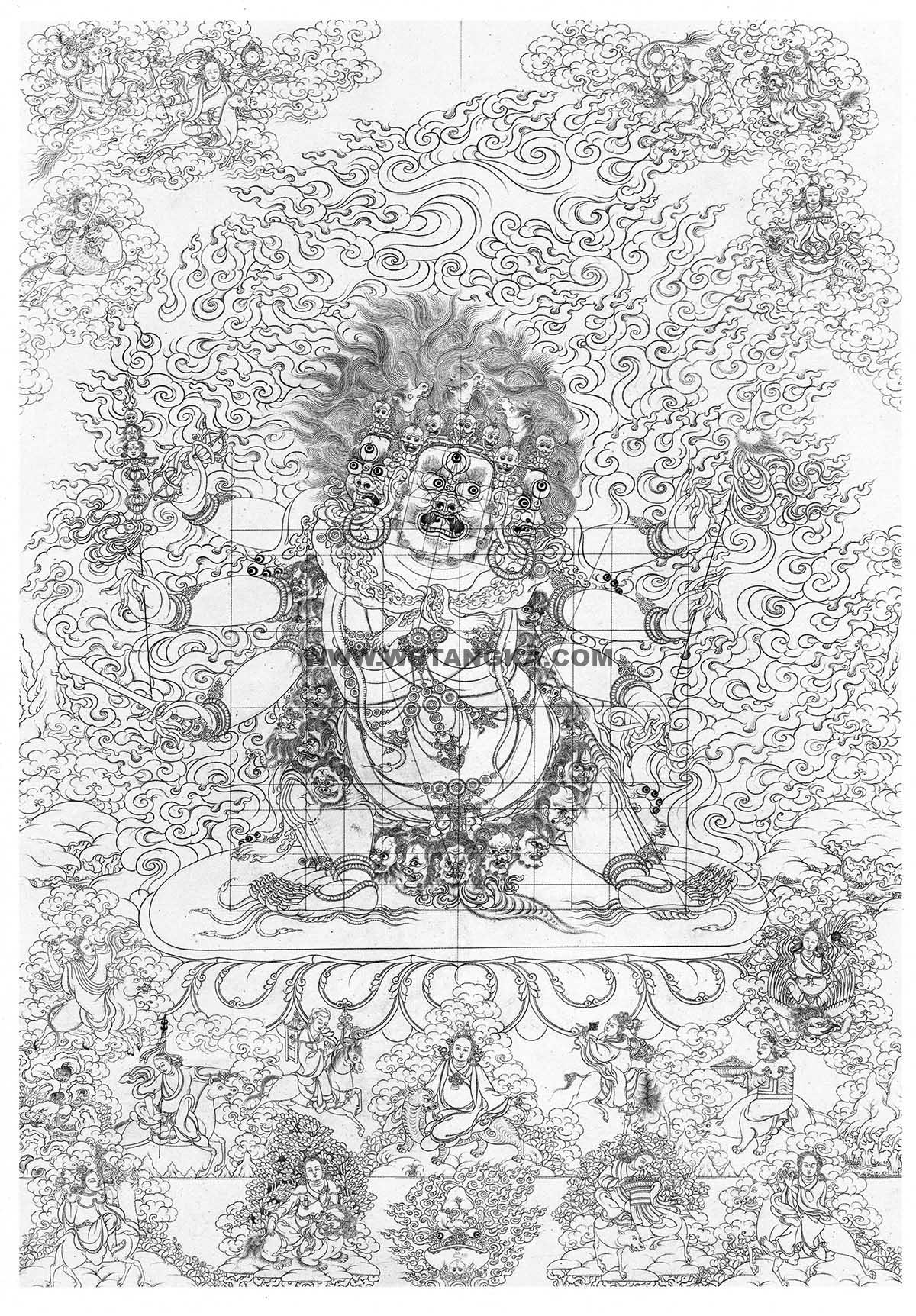沃唐卡-唐卡白描线稿编号RD46698：三面六臂马头明王