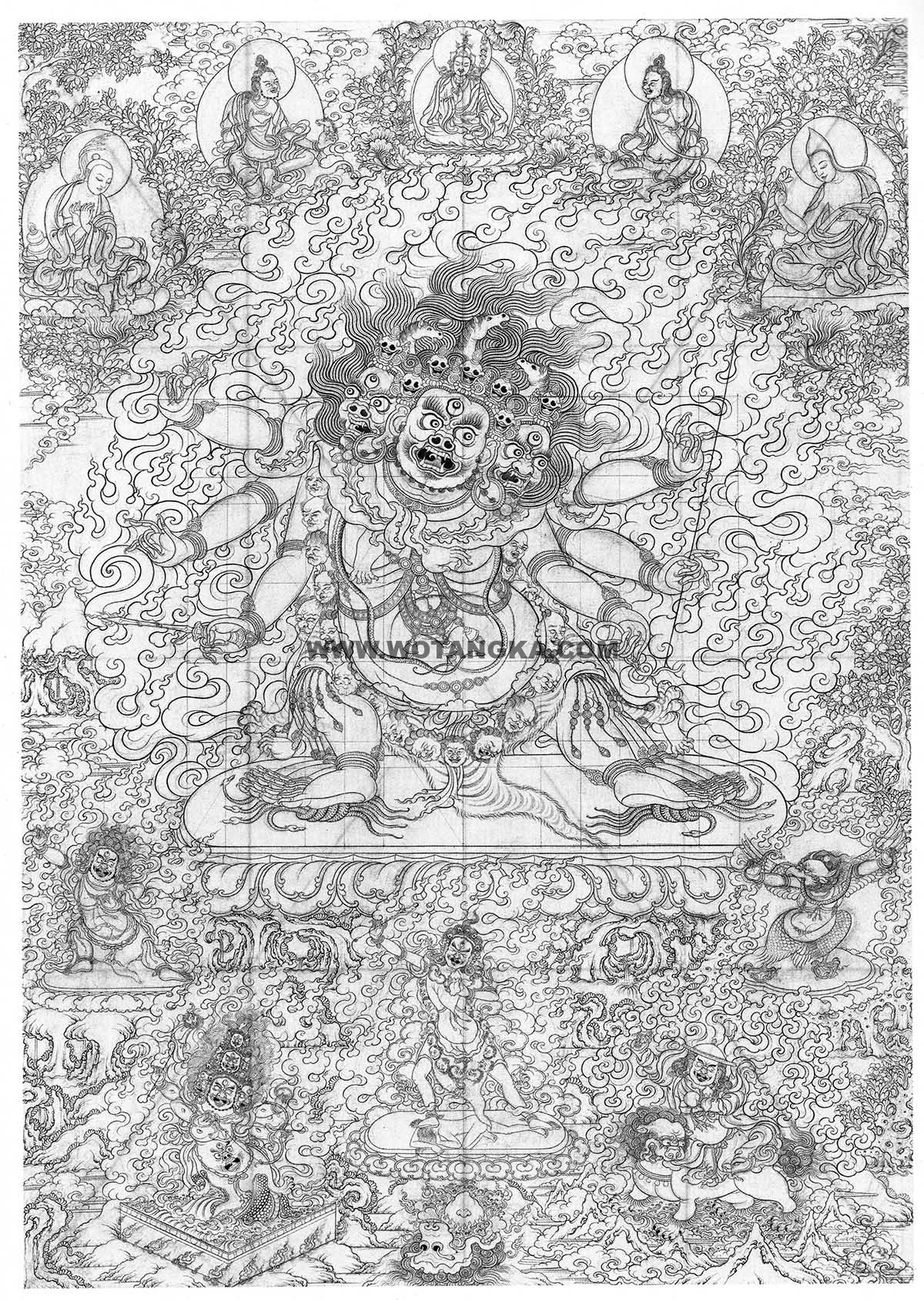 沃唐卡-唐卡白描线稿编号RD49709：三面六臂马头明王