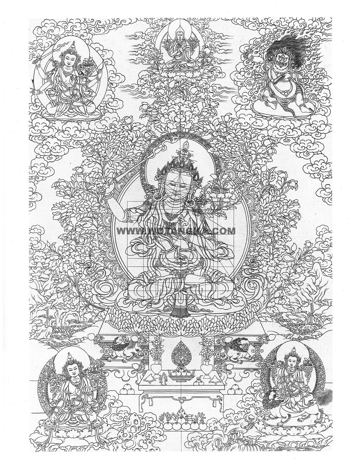 沃唐卡-唐卡白描线稿编号RD54307:文殊菩萨·五部文殊