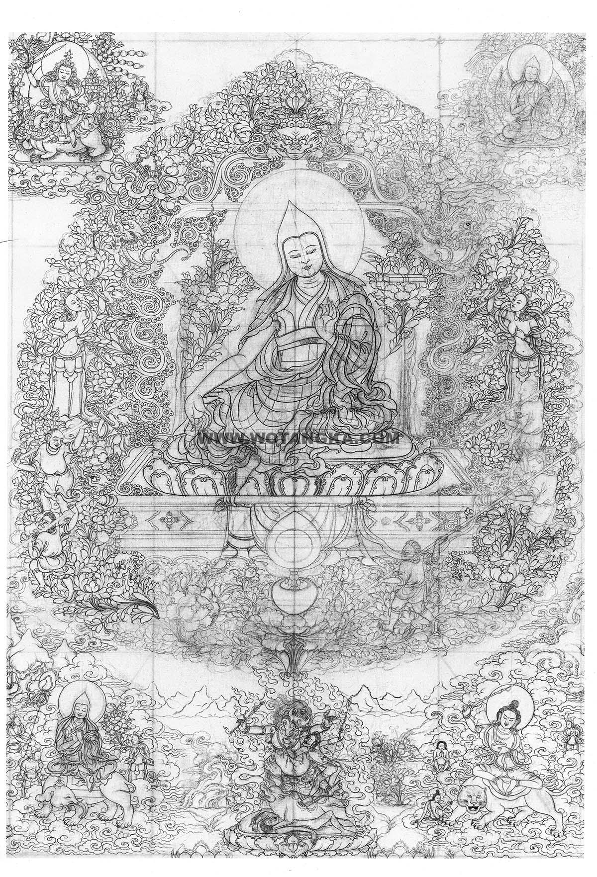 沃唐卡-唐卡白描线稿编号RD54946：宗喀巴