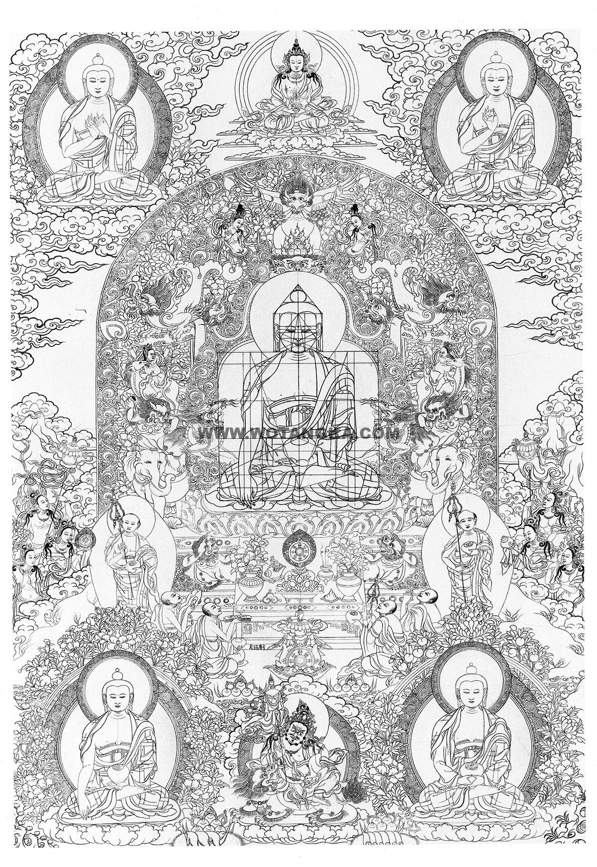 沃唐卡-唐卡白描线稿编号RD54982：释迦牟尼佛