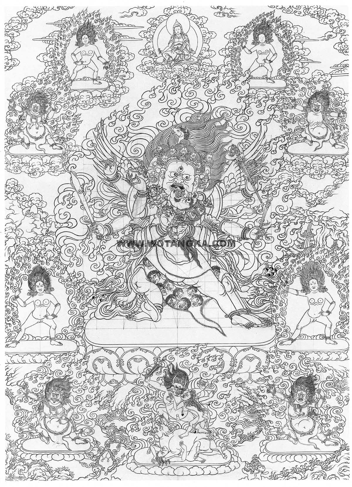 沃唐卡-唐卡白描线稿编号RD59973:三面六臂马头金刚