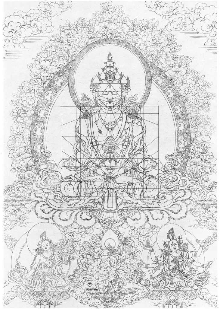 沃唐卡-唐卡白描线稿编号RD67837：长寿佛·长寿三尊