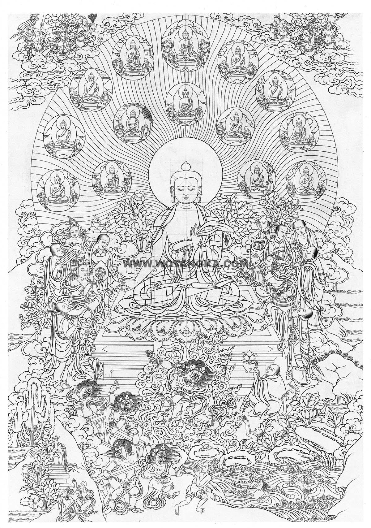 沃唐卡-唐卡白描线稿编号RD69656：释迦牟尼佛