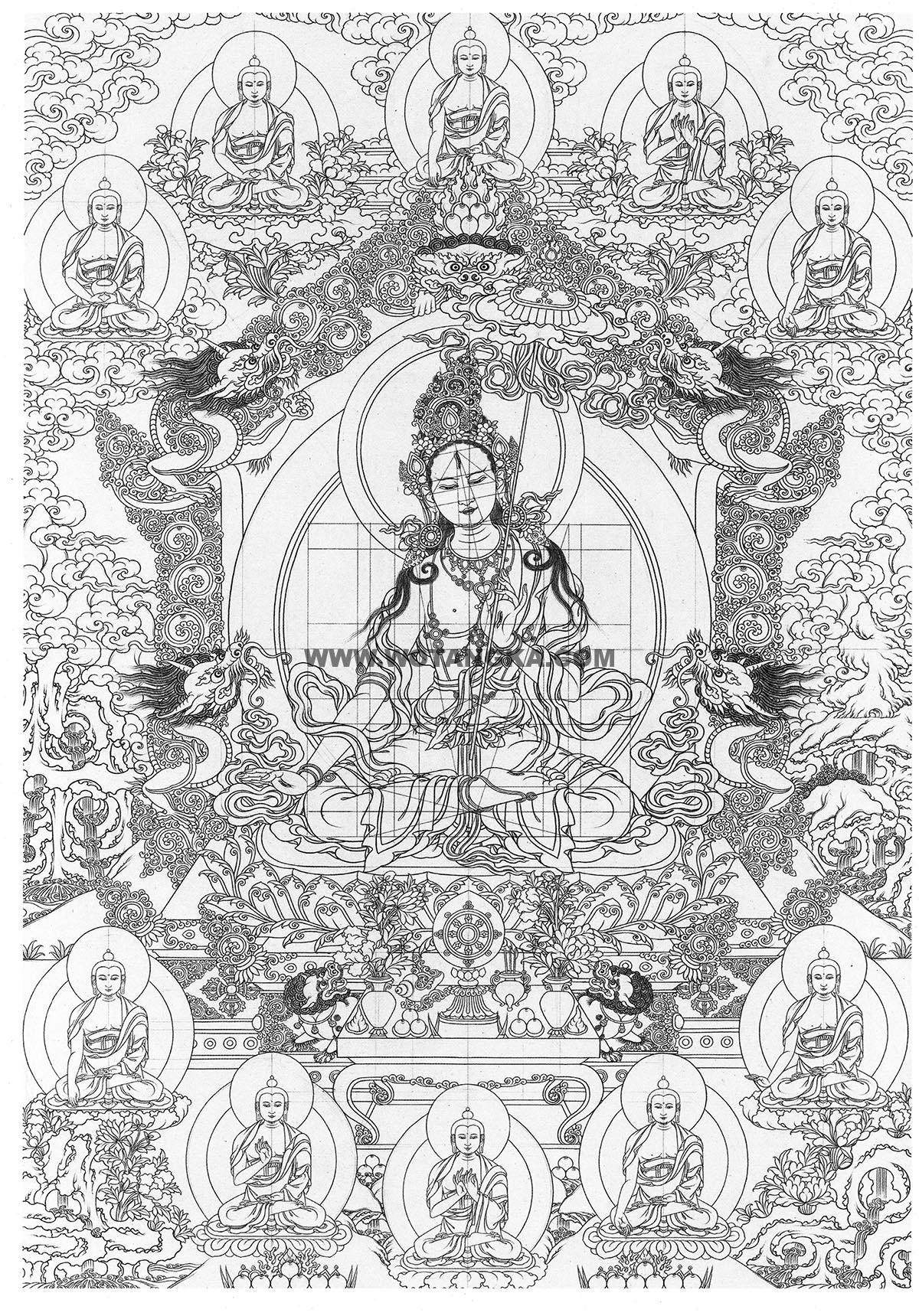 沃唐卡-唐卡白描线稿编号RD71466:一面二臂大白伞盖佛母