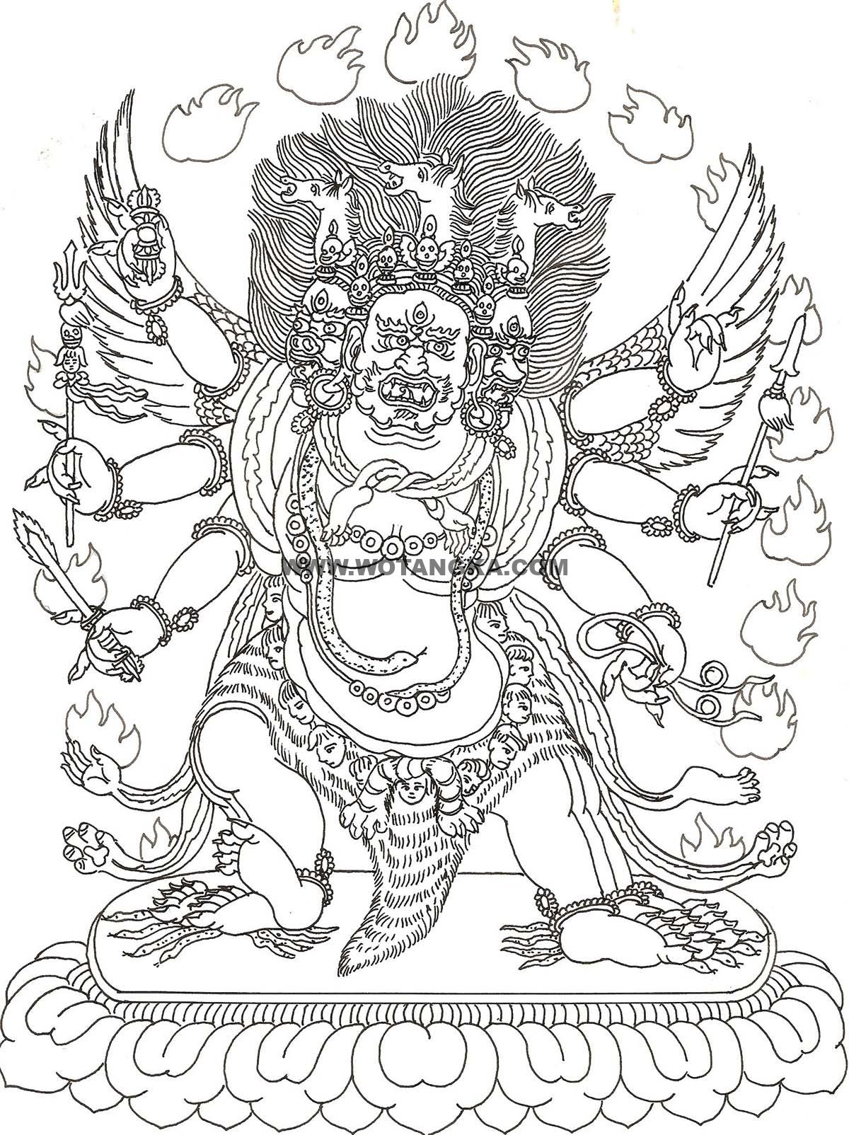 沃唐卡-唐卡白描线稿编号RD72174：阿底峡派·三面六臂马头明王