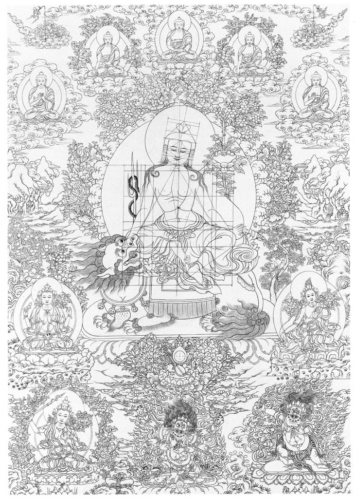 沃唐卡-唐卡白描线稿编号RD75021：狮子吼观音