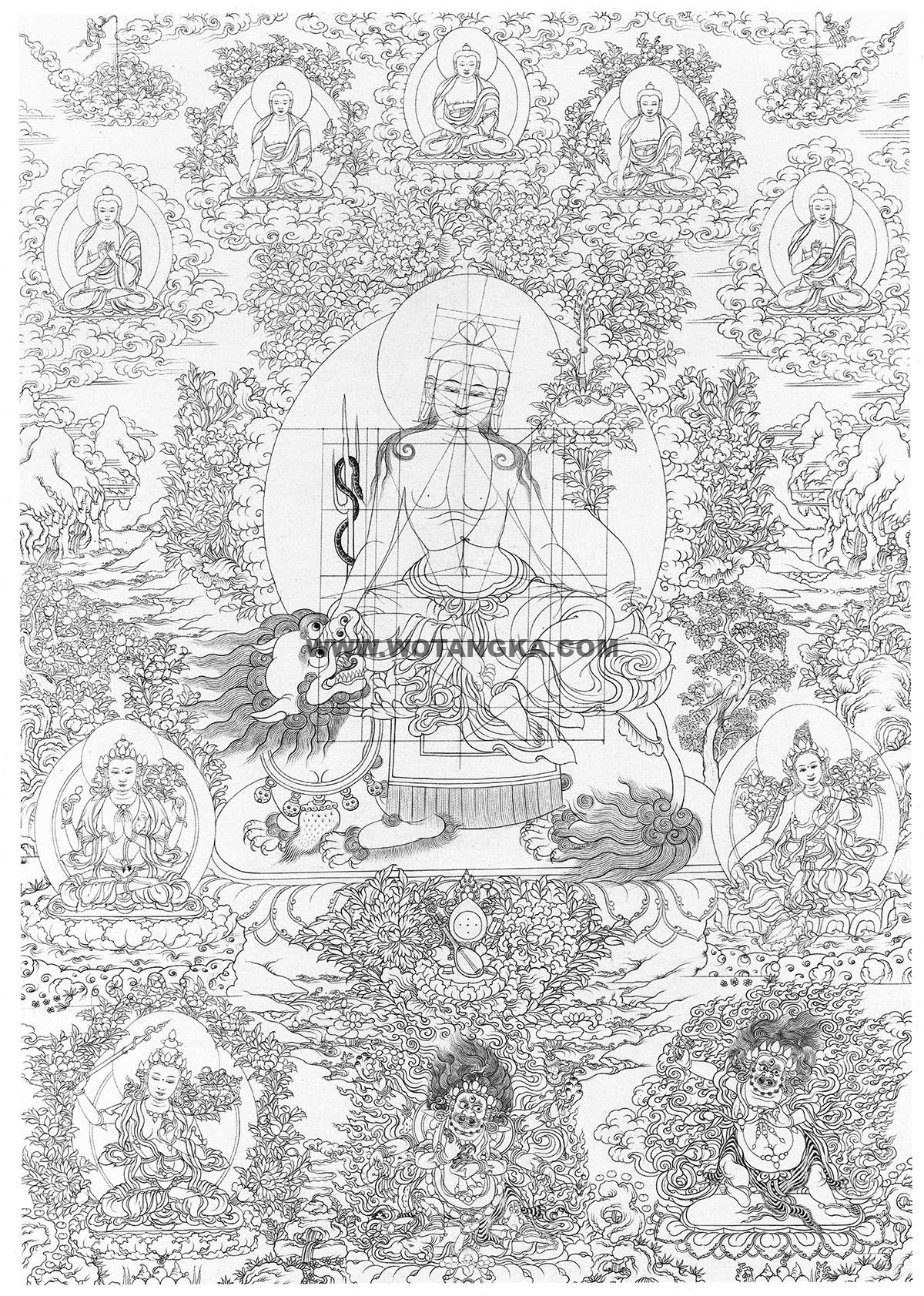 沃唐卡-唐卡白描线稿编号RD75021:狮子吼观音