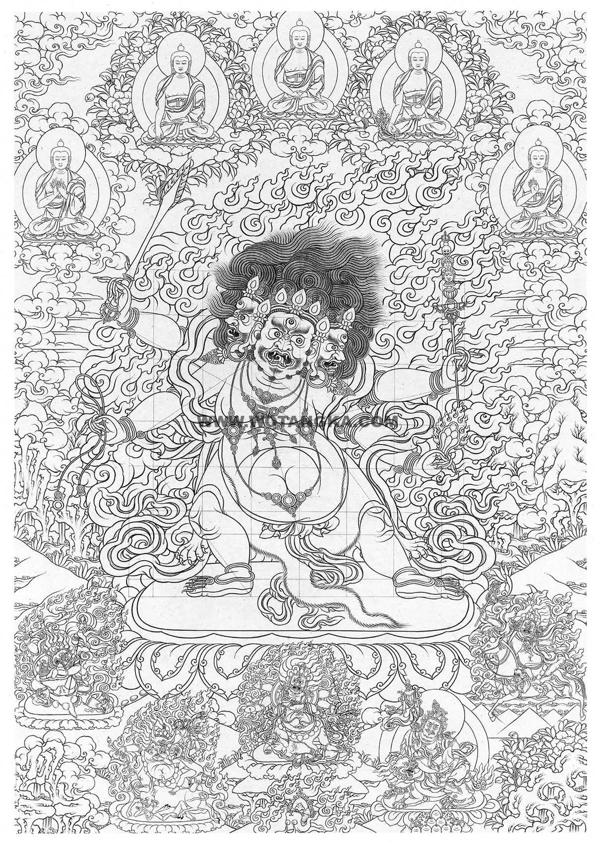 沃唐卡-唐卡白描线稿编号RD75857:四臂玛哈嘎拉