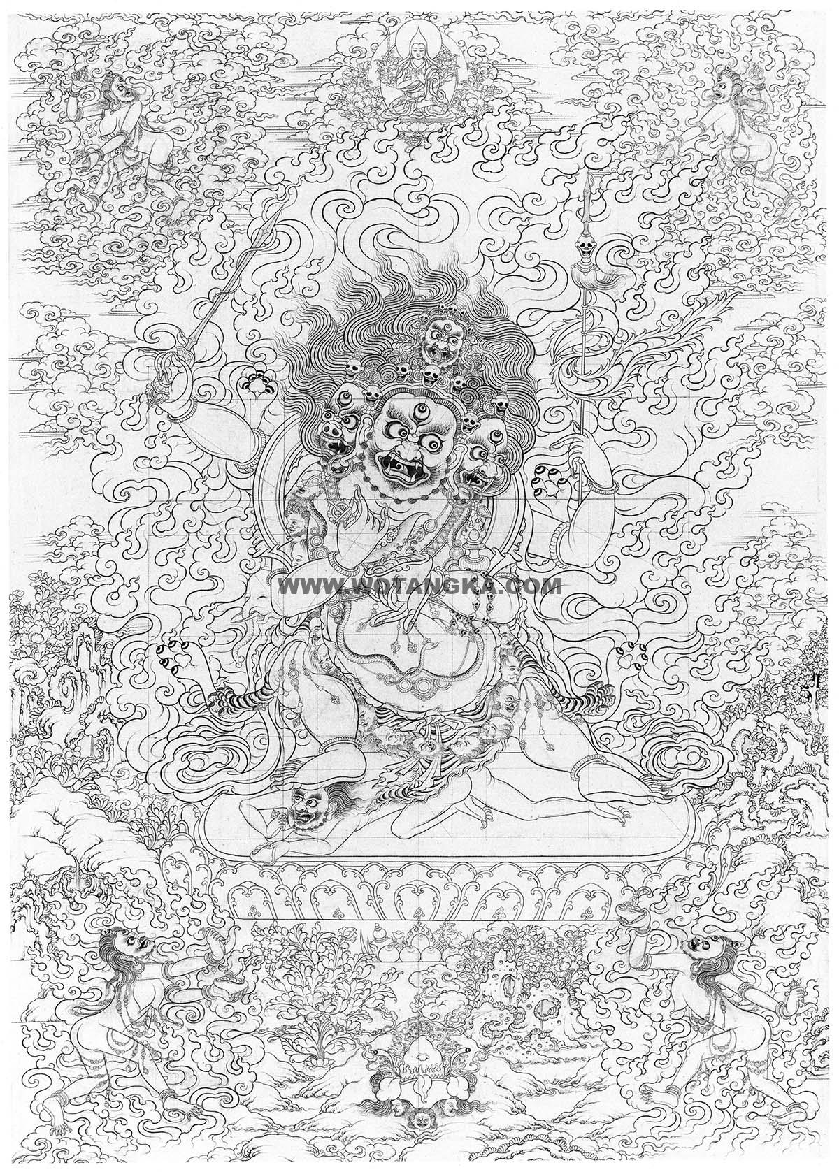沃唐卡-唐卡白描线稿编号RD80676:大轮金刚手菩萨