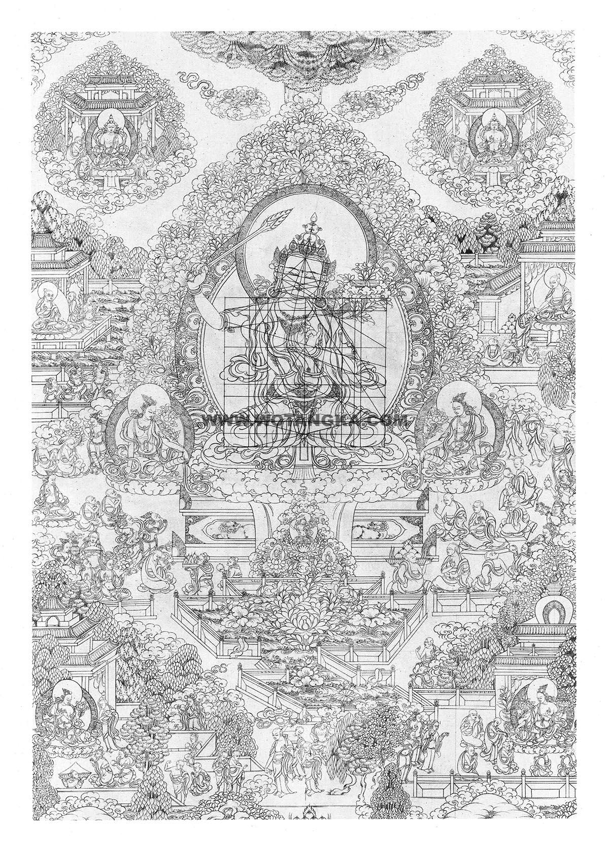 沃唐卡-唐卡白描线稿编号RD81692：文殊菩萨