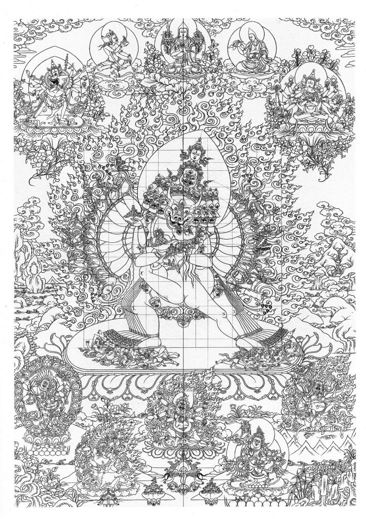 沃唐卡-唐卡白描线稿编号RD83030：大威德金刚双修