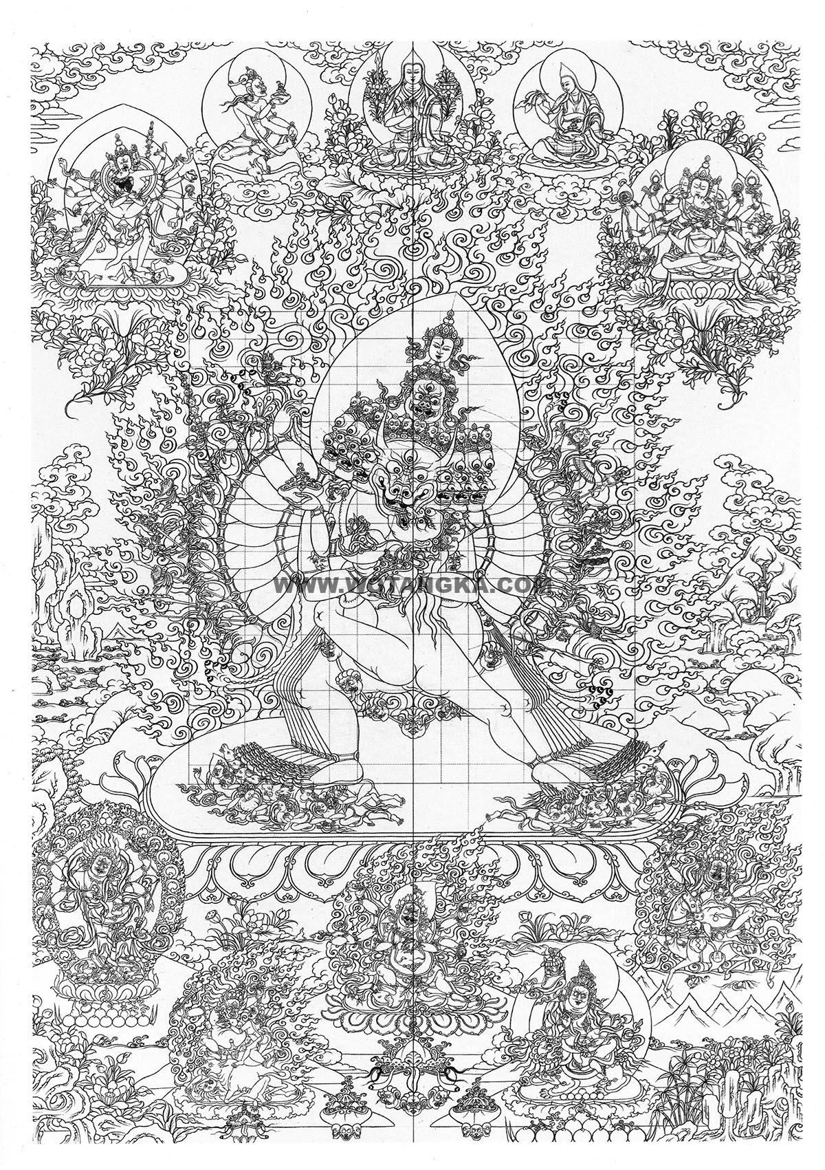 沃唐卡-唐卡白描线稿编号RD83030:大威德金刚双修